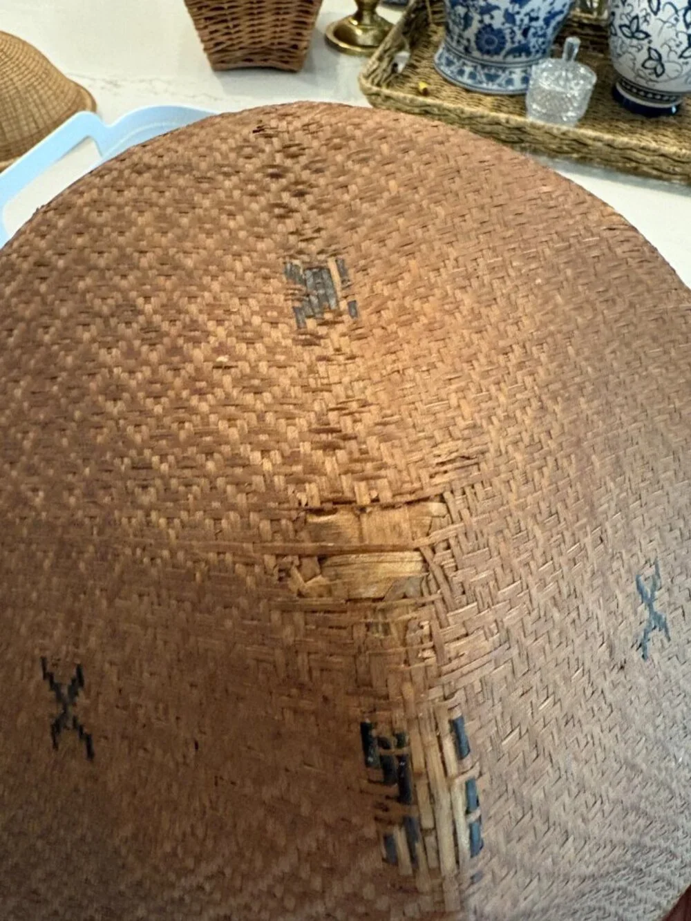 Vintage Handwoven Bamboo Field Hat Asian Folk Art Primitive Wall Decor Boho